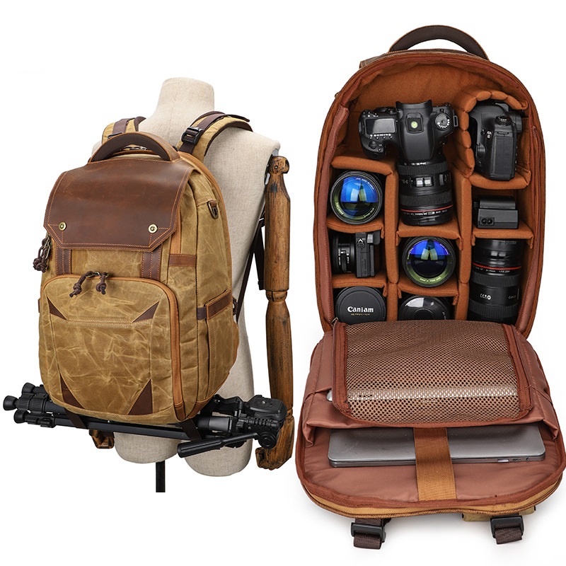 China factory cowhide camera backpack for Canon camera