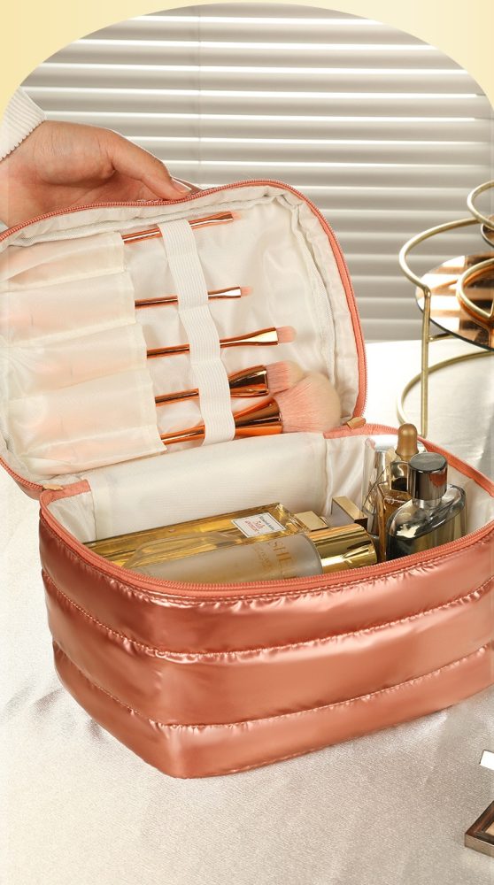 cosmetic bag with elatstic loop and brush holder